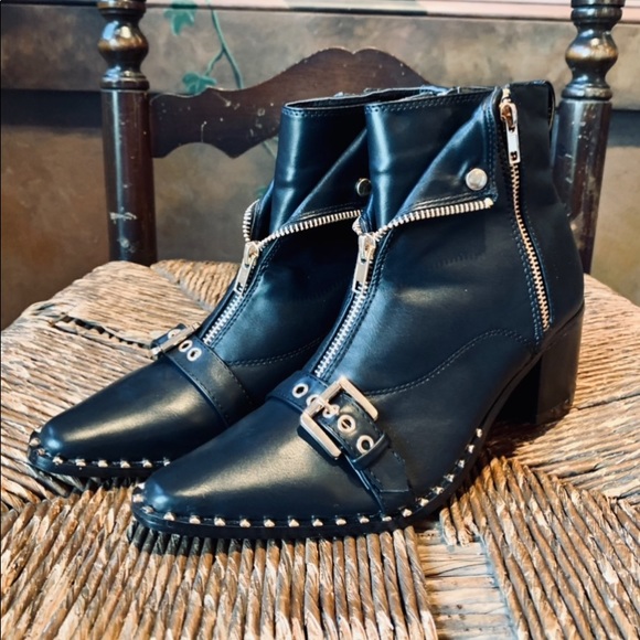 ✨Black Moto Ankle Boots Gold Zips Buckle Studs✨6.5 - Picture 4 of 13